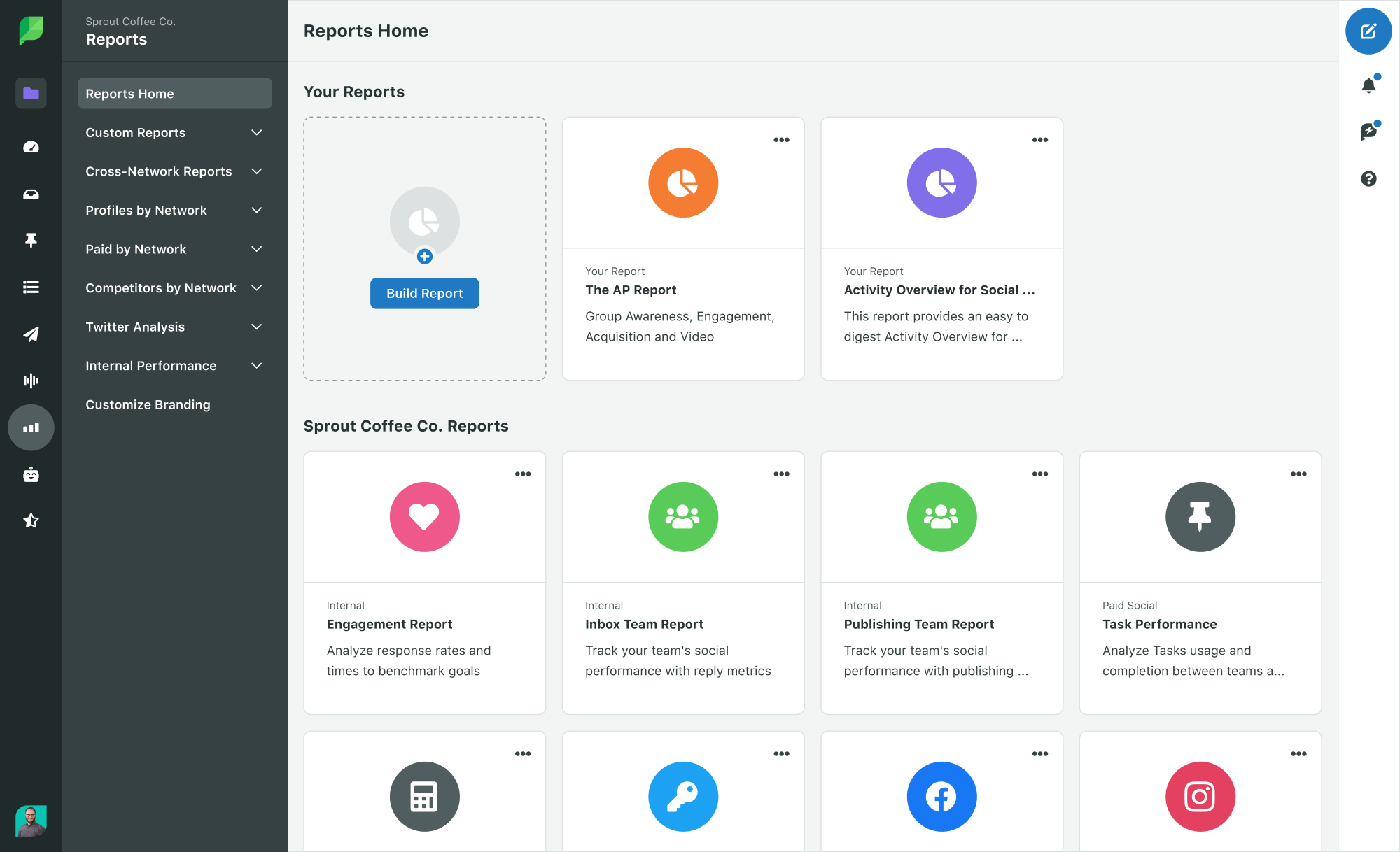 Screenshot of Sprout Social’s Analytics Reports dashboard that shows reports on various key performance indicators such as engagement, team inbox, task performance, etc.