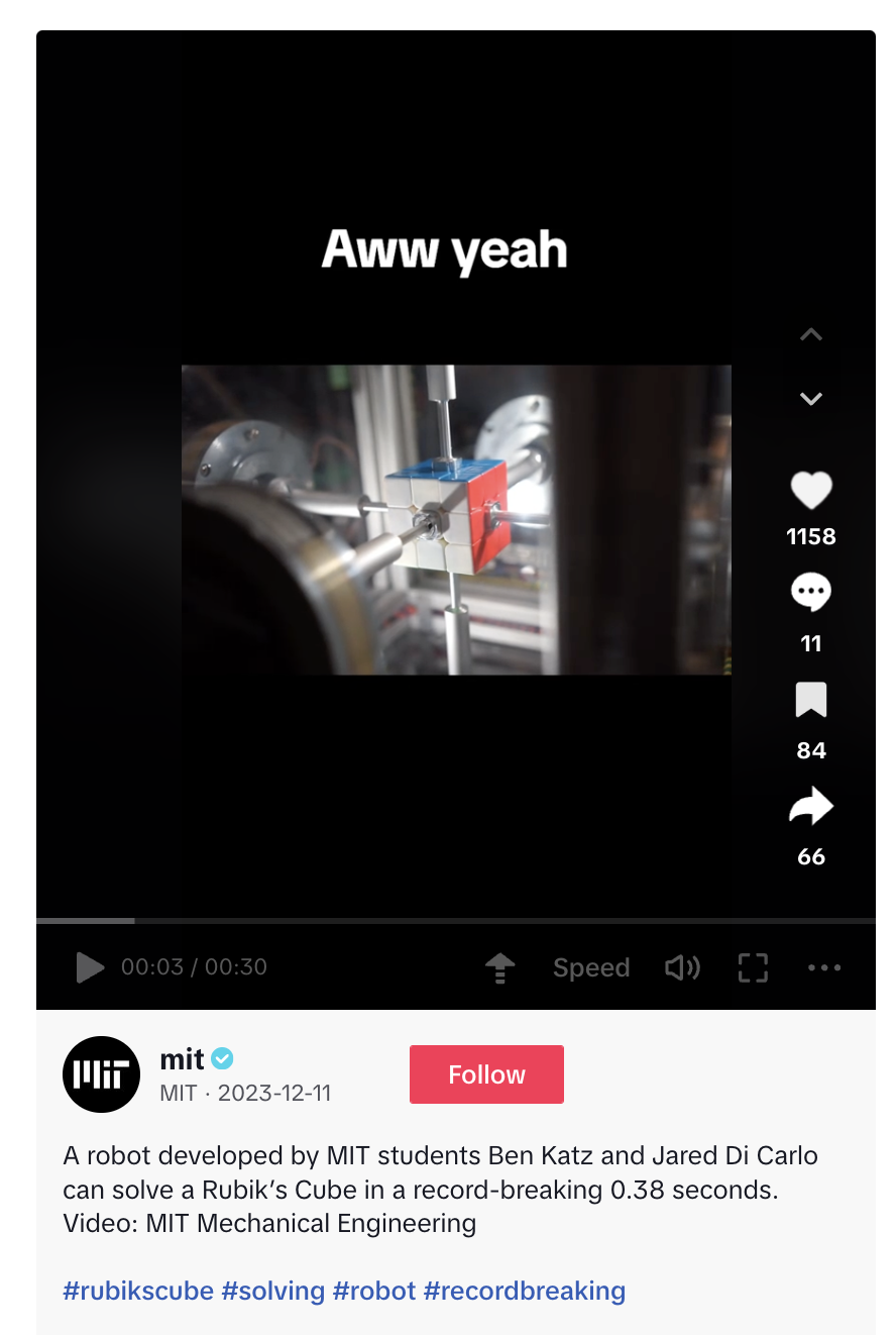 A TikTok video by MIT showcasing a student developed robot that can solve a Rubik's cube in record-breaking time.