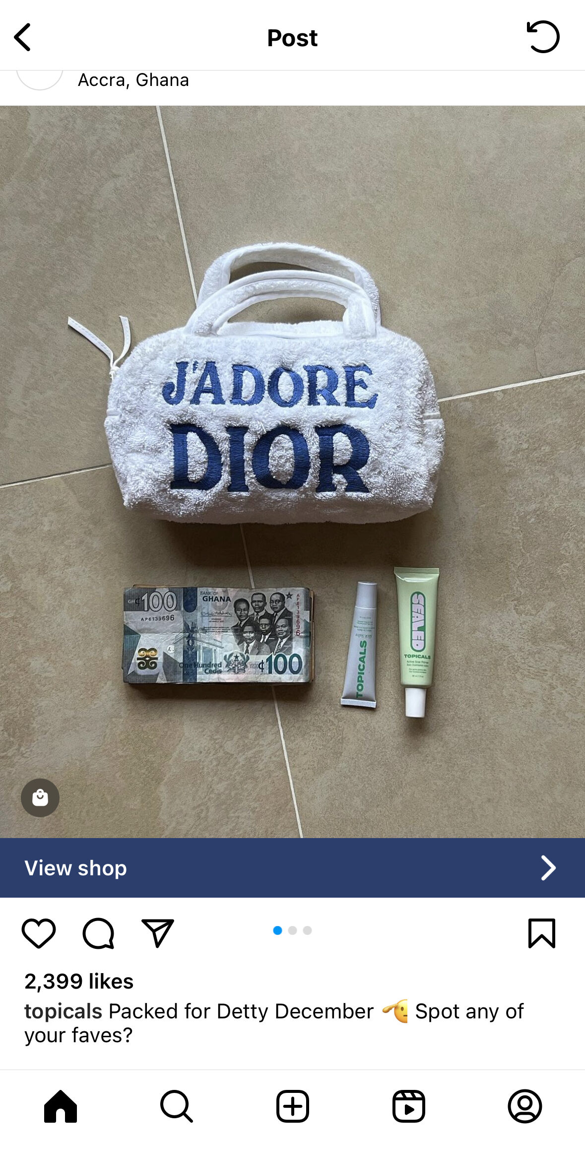 A carousel post from #TopicalsGoneToGhana campaign. The featured photo shows a Dior purse, money and Topicals lip care products.