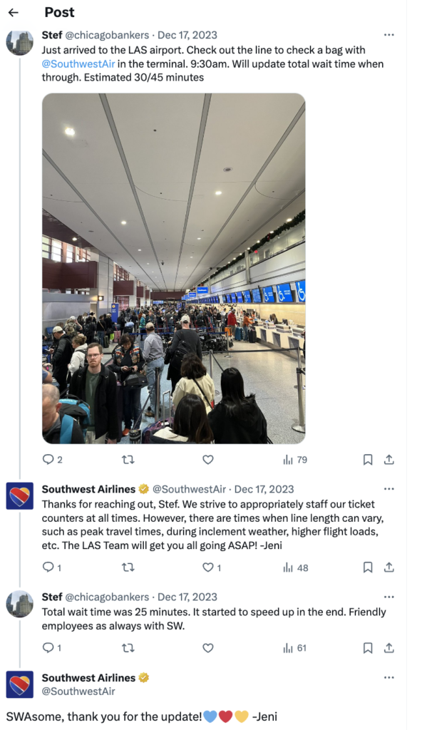 A social post about a customer service interaction on X, formerly Twitter, between Southwest Airlines’ support team and a customer. 