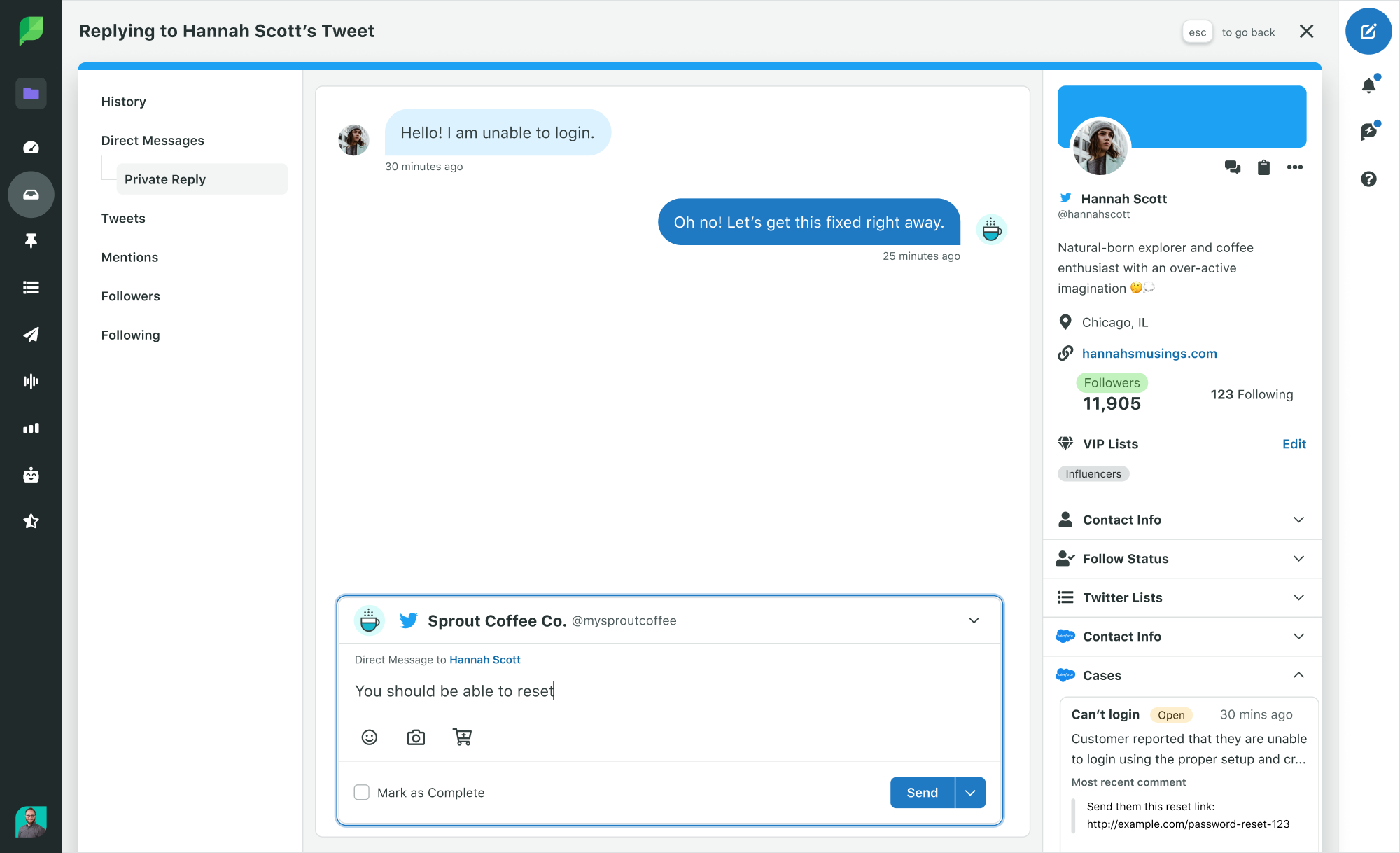 A screenshot of the Sprout Social platform that shows a platform user responding to a customer's question. In the right side of the screen, you can see the customer's data, including Salesforce case information, on the screen.