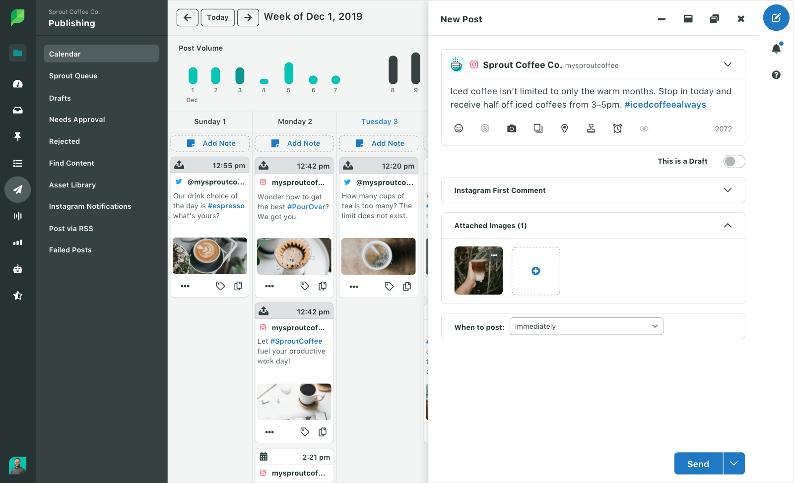 Screenshot of Sprout Social's publishing calendar and compose box for Instagram.