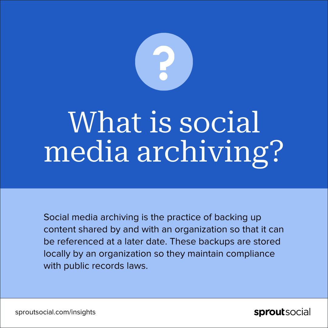 A text-based image that says, "What is social media archiving? Social media archiving is the practice of backing up content shared by and with an organization so that it can be referenced at a later date. These backups are stored locally by an organization so they maintain compliance with public records laws."