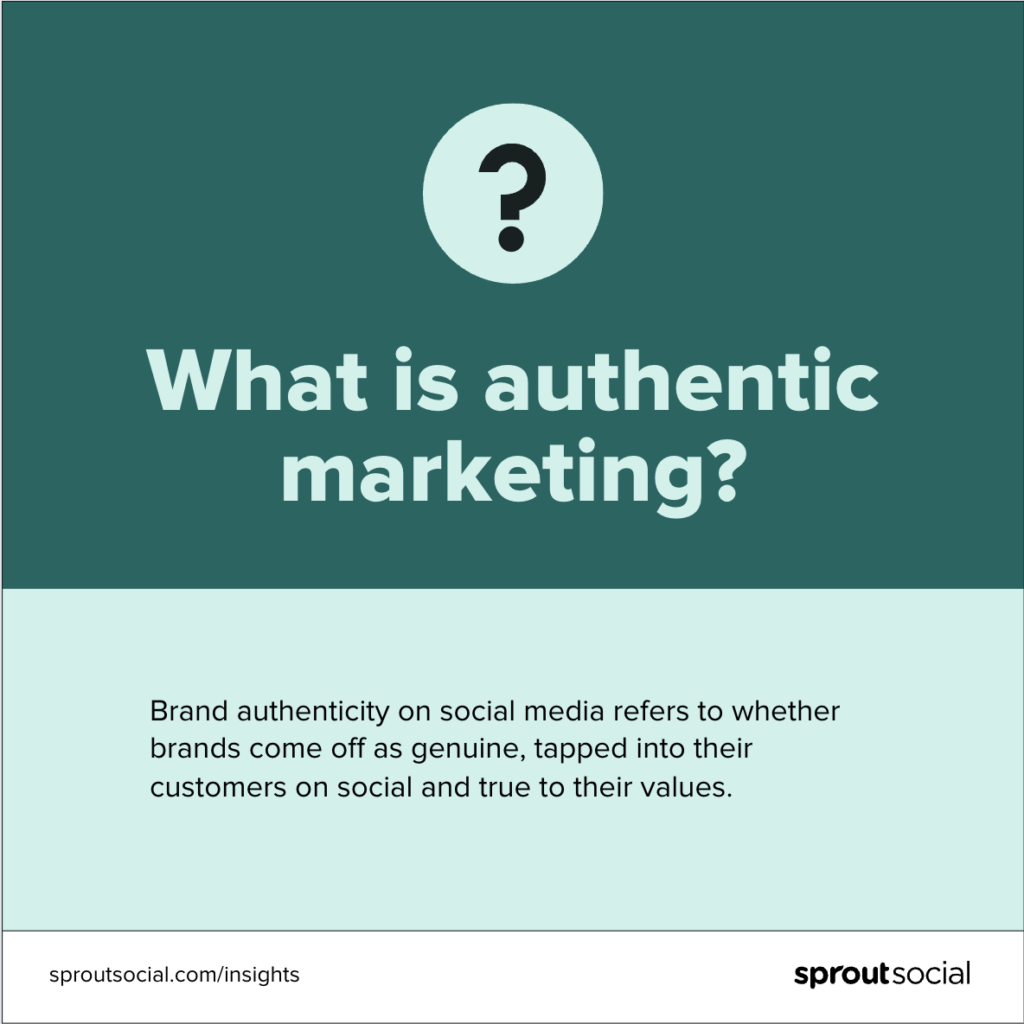 A green graphic with a question mark at the top and a headline that says, what is authentic marketing? The definition below says, Brand authenticity on social media refers to whether brands come off as genuine, tapped into their customers on social and true to their values.