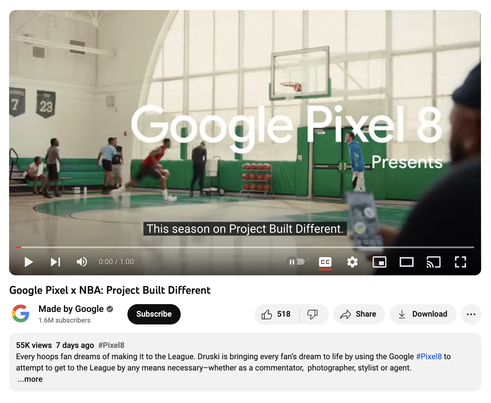 A Google Pixel x NBA: Project Built Different campaign video on YouTube featuring Druski, athletes and sportscasters.