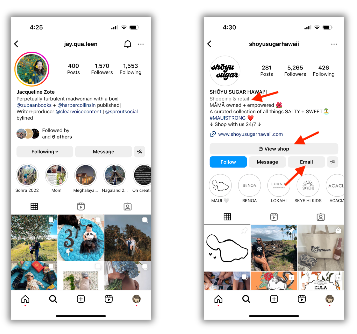 Image showing a side-by-side comparison of a personal Instagram profile and a business profile with arrows pointing to the category information, email button and view shop button for the business profile.