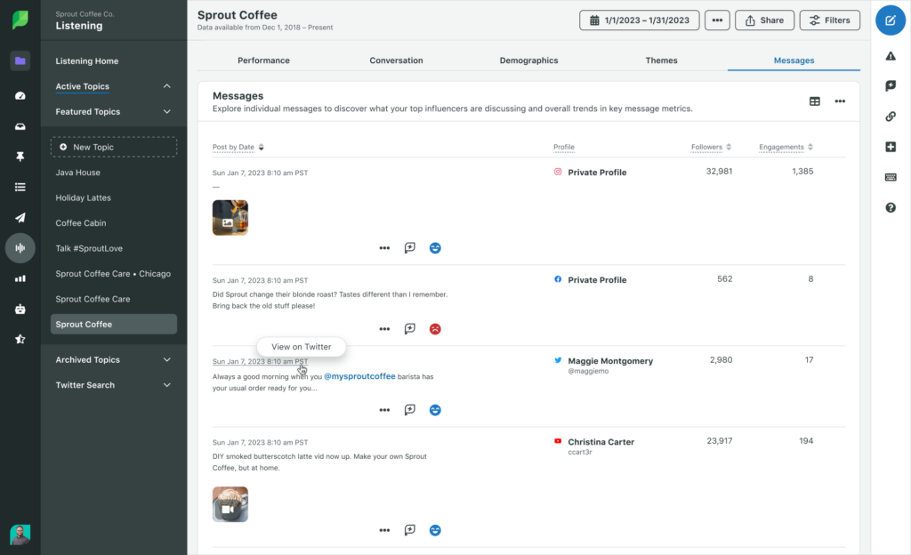 A screenshot of Sprout's social listening tool showing the Messages tab. In this tab, messages across Instagram, X (formerly Twitter), Facebook and YouTube are visible. These messages are all assigned a sentiment. Next to these messages, the follower counts of the people who posted are listed, as are the post engagements.