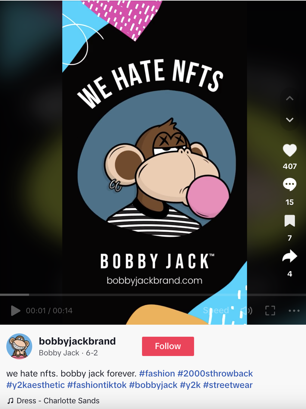 A Bobby Jack TikTok video parodying Bored Ape Yacht Club, an NFT collection. The caption says,"We hate NFTs. Bobby Jack Forever," and includes various hashtags. 