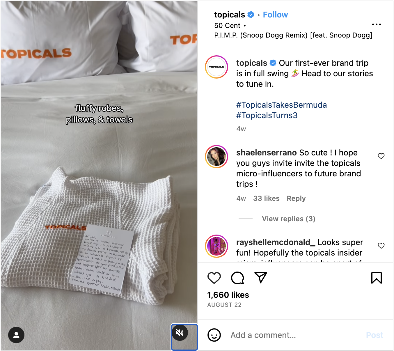 A Topicals Instagram Reel for their influencer brand trip. The caption reads, "Our first-ever brand trip is in full swing. Head to our stories to tune in. #TopicalsTakesBermuda #TopicalsTurns3."