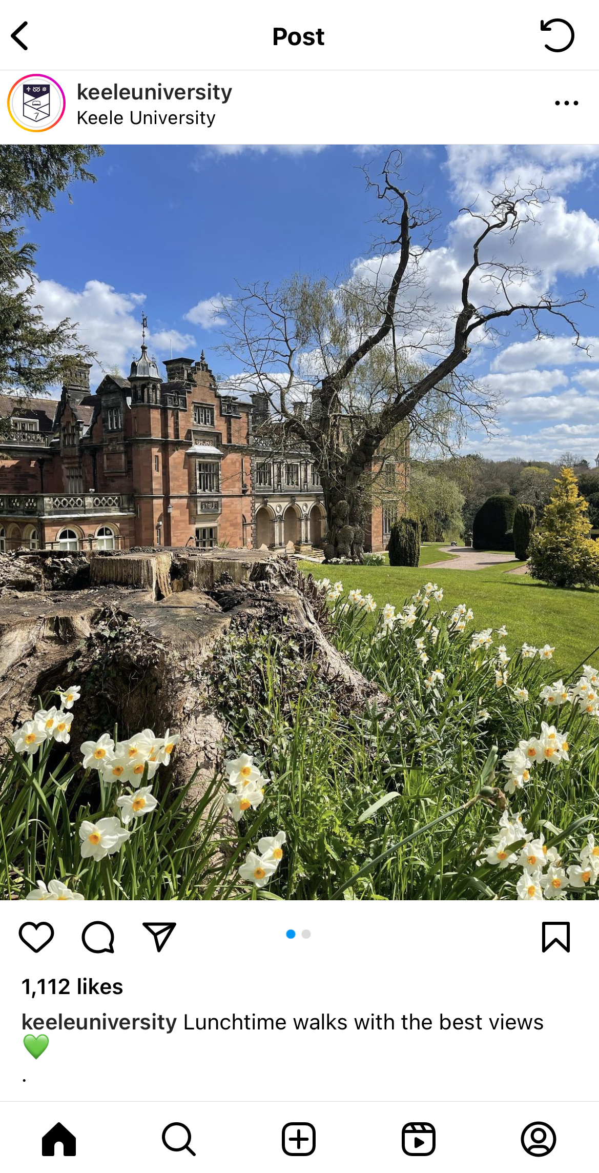 Keele University Instagram post featuring a picturesque photo of campus. 