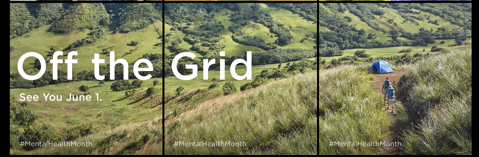 A screenshot of three images posted on L.L.Bean's Instagram account. The three posts form a cohesive image that reads: Off the Grid. See you June 1. #MentalHealthMonth. The background of the image is a nature scene. 