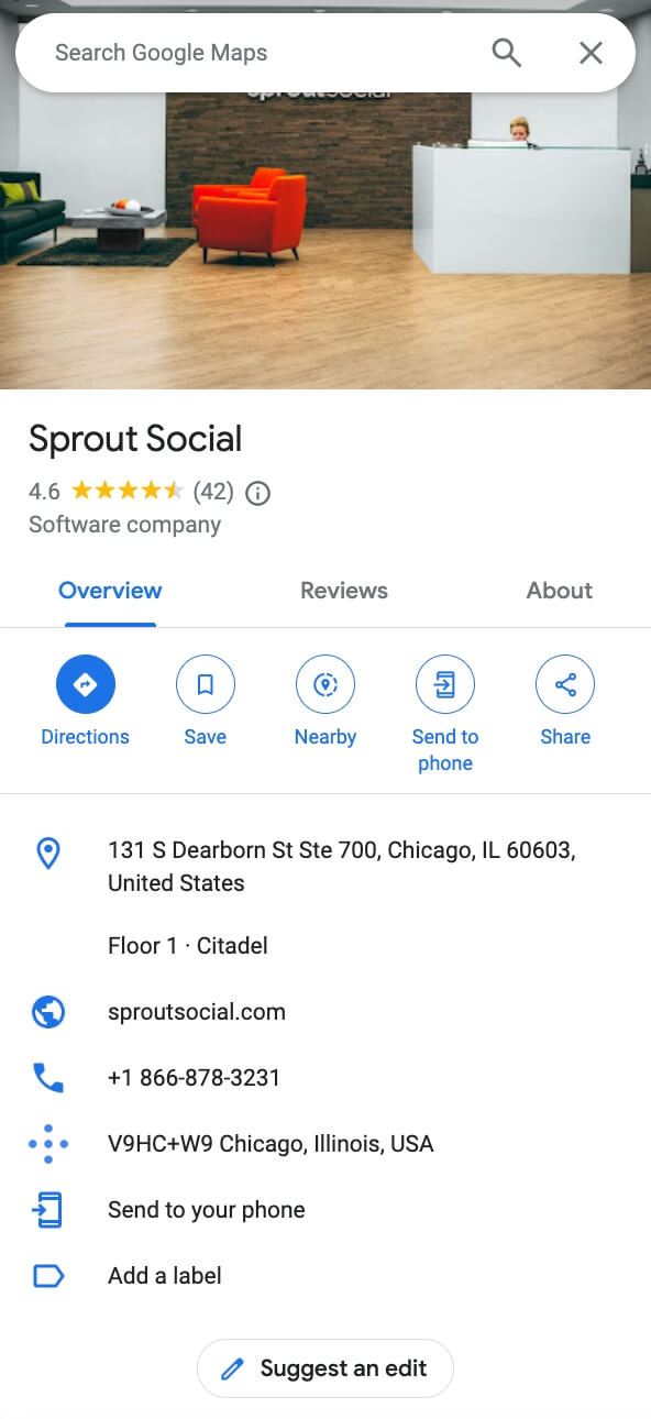 Screenshot of Sprout Social's Google business profile