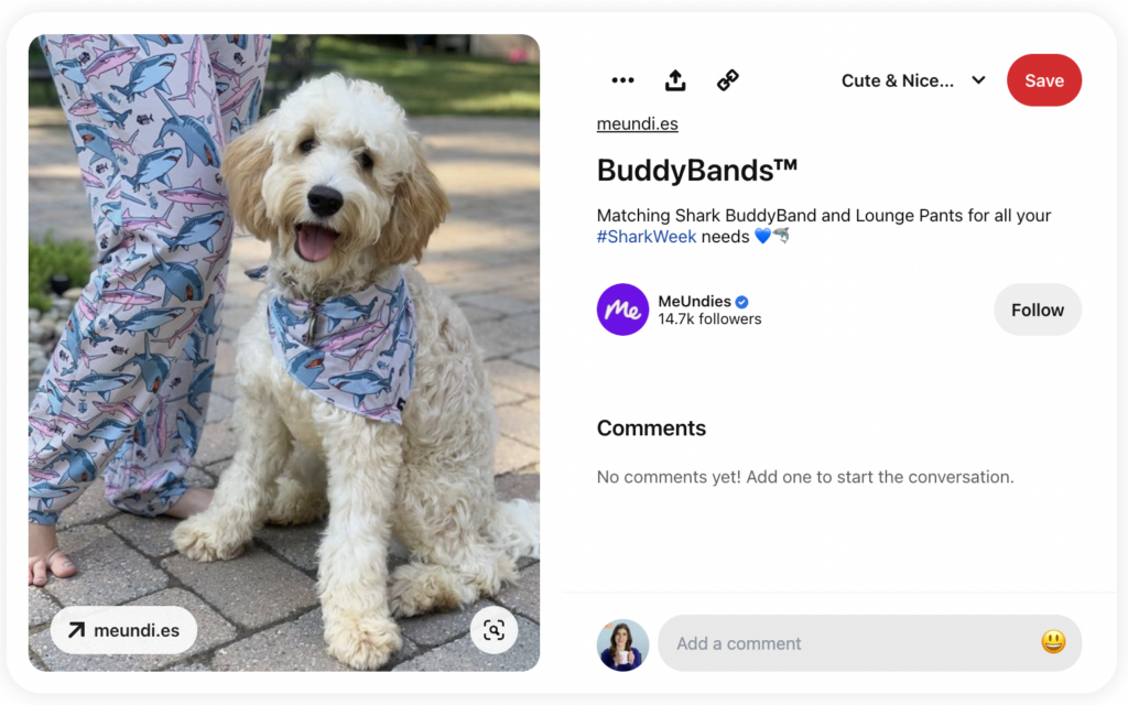 A Pin on Pinterest from the brand MeUndies featuring a white fluffy dog wearing a bandana that has a shark pattern, while the dog's owner wears matching pajama pants.