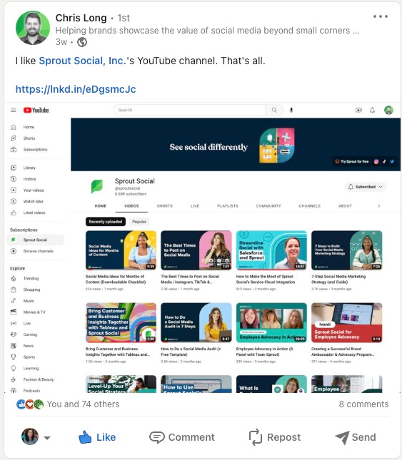 Image of a Sprout Social employee's LinkedIn post that reads "I like Sprout Social's YouTube channel. That's all." with a screenshot of the YouTube channel.