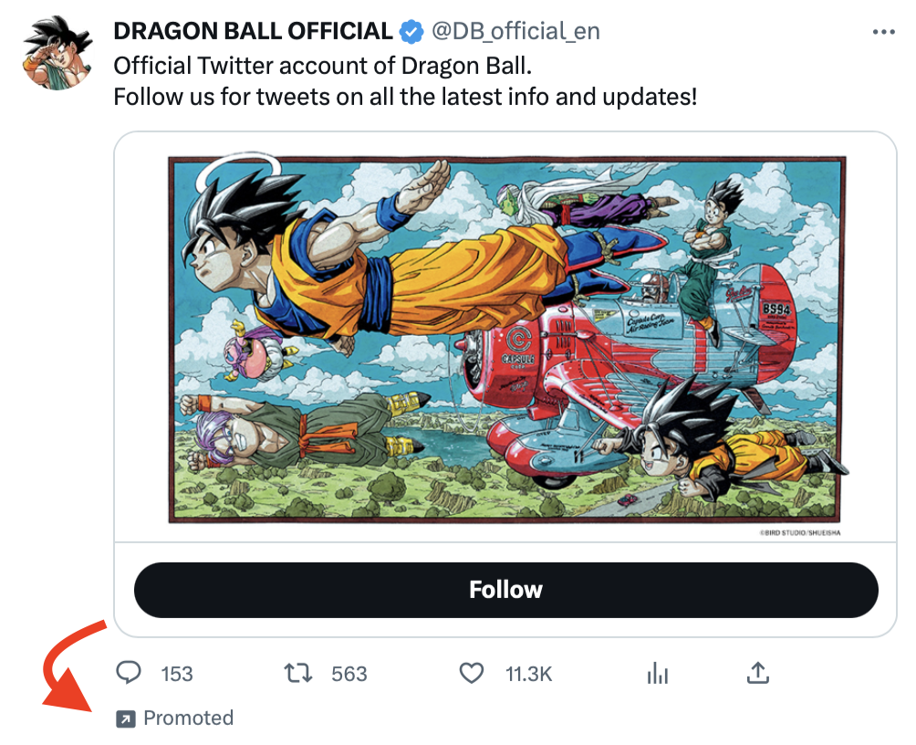 Promoted Ad from the official Dragon Ball account with arrow pointing to the "Promoted" label