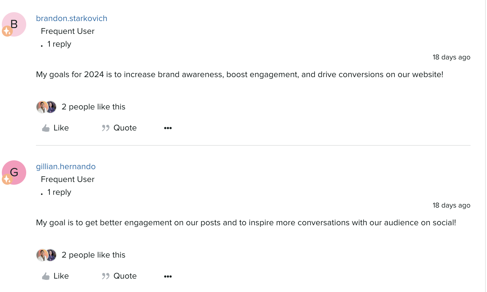 Two posts from members of the Arboretum sharing their team's goals for 2024 where members mention increasing brand awareness and boosting engagement as goals.