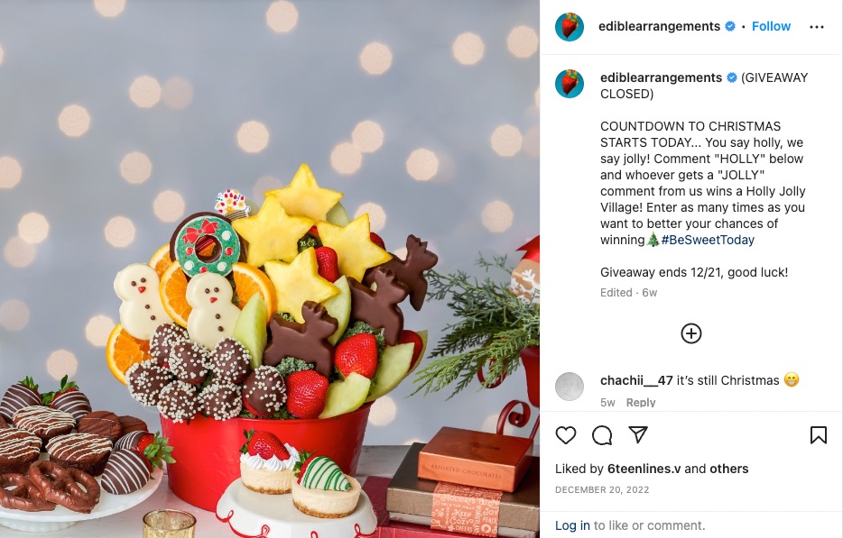 Screenshot of an Instagram post on Edible Arrangements' Instagram page of a holiday themed arrangement of fruit and cookies.