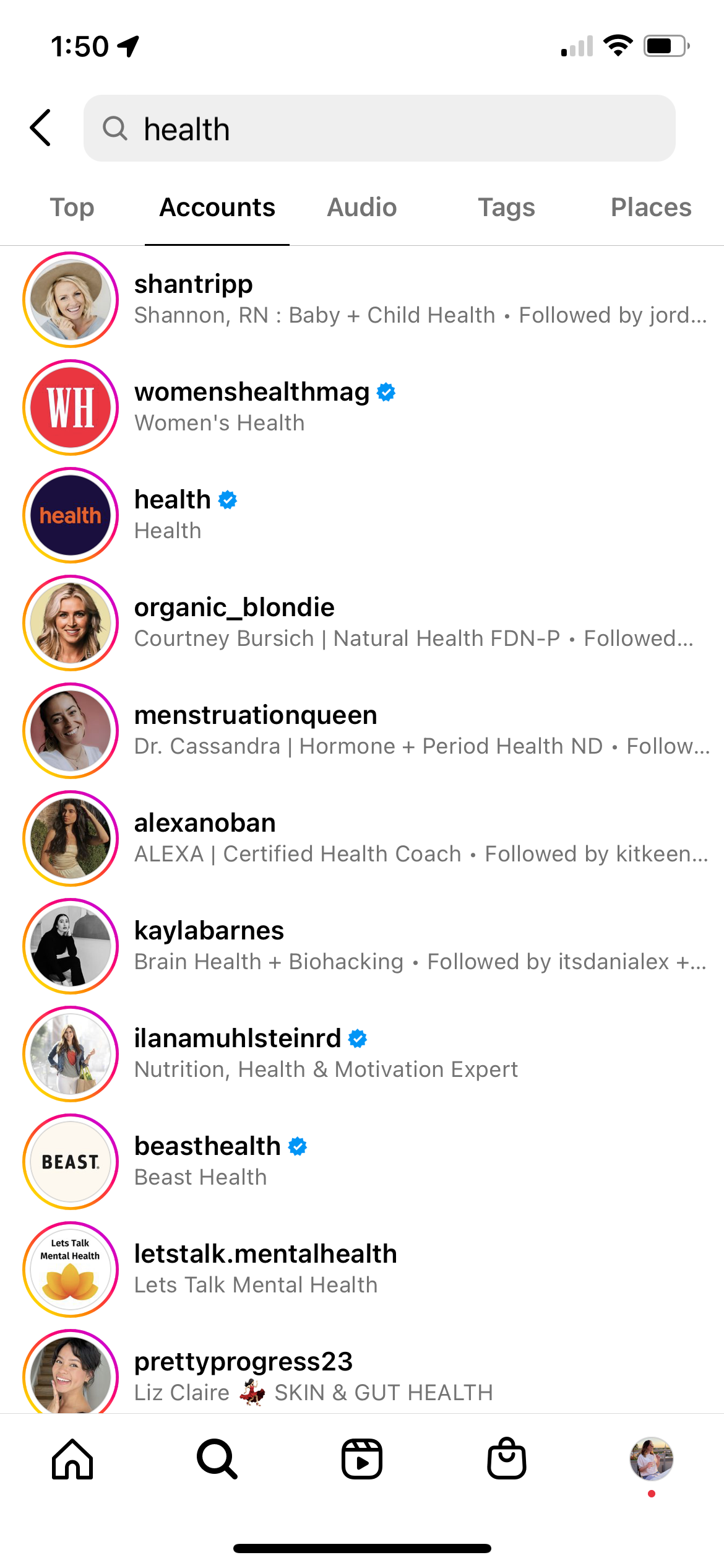 Screenshot of Instagram search results for accounts associated "health."