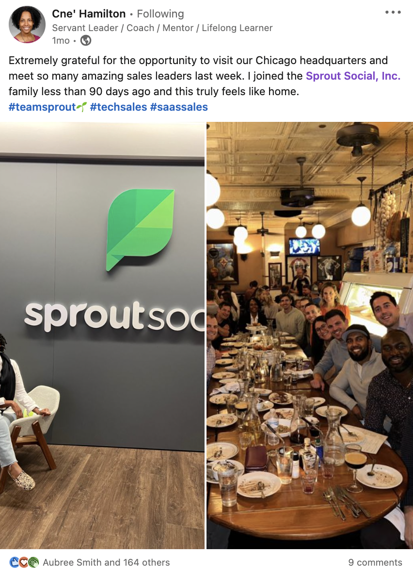 A LinkedIn post from a Sprout employee featuring photos of an in-person headquarters meetup.