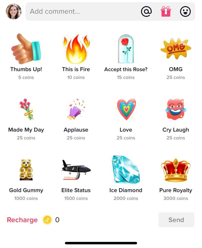 A screenshot of GIFTS, viewers can send creators. All GIFTs are represented by animated images, ranging from "thumbs up" to flowers to crowns. These GIFTs can be found in the comments section of a creator's video.