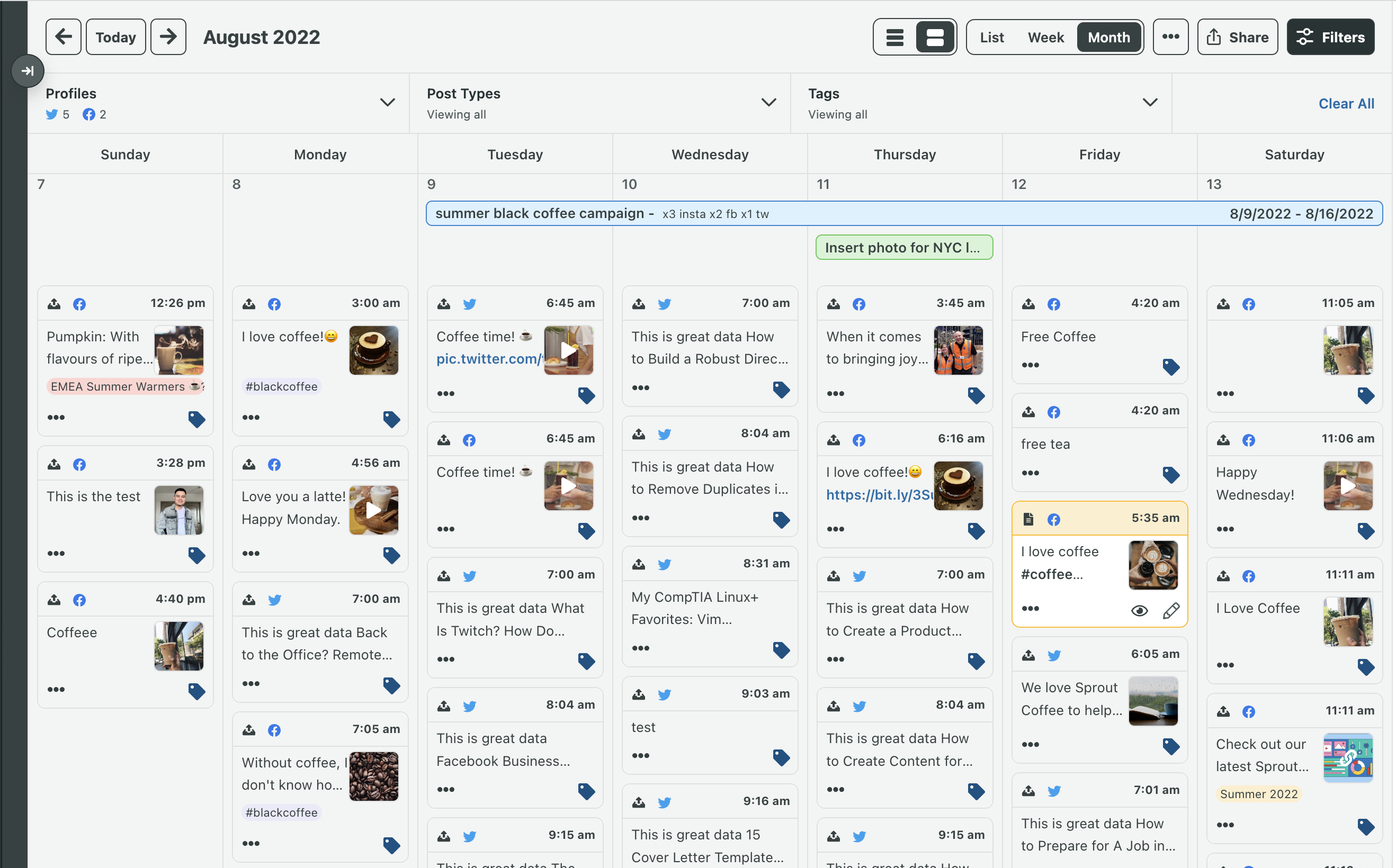 Month view in Sprout Social's content calendar