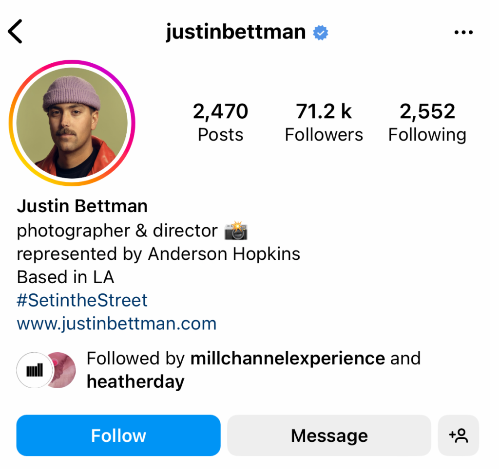Image of an Instagram creator profile from photographer and director Justin Bettman.