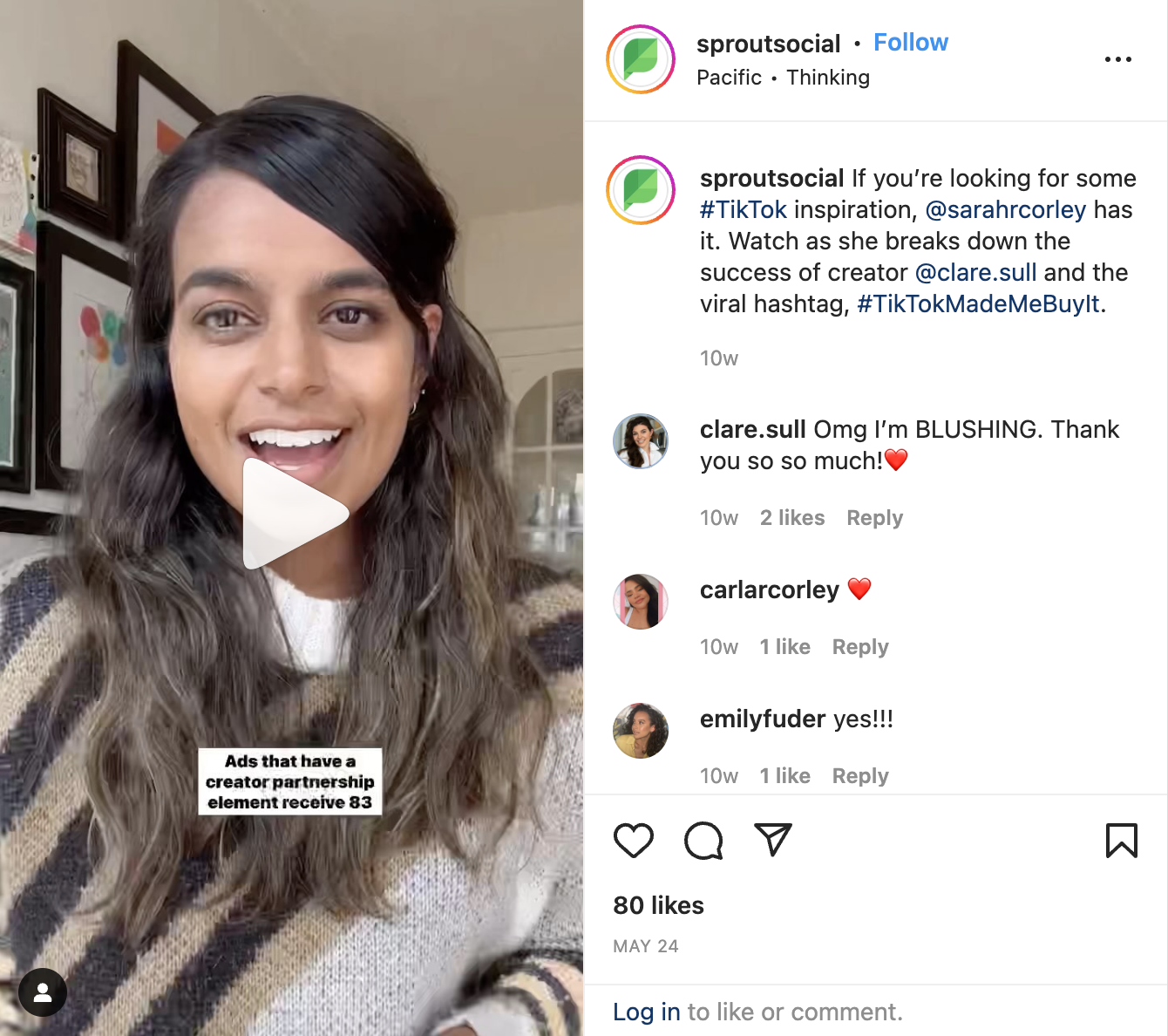 A Sprout Social Reel featuring Sarah Corley talking about the viral tiktok trend, tiktok made me buy it