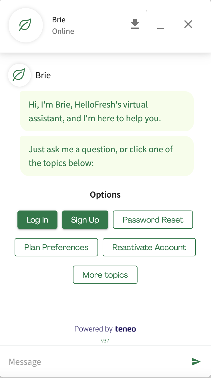 Screenshot of Hello Fresh's chatbot