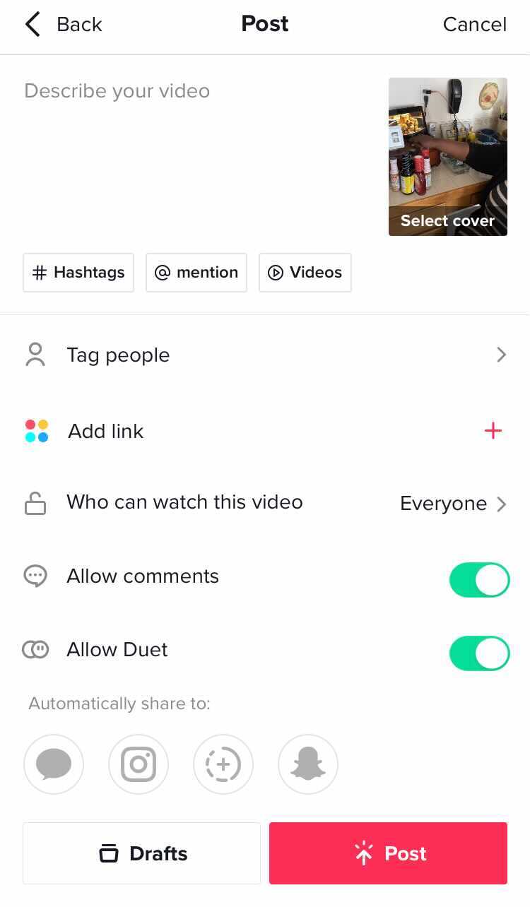 Screenshot of settings before posting a TikTok