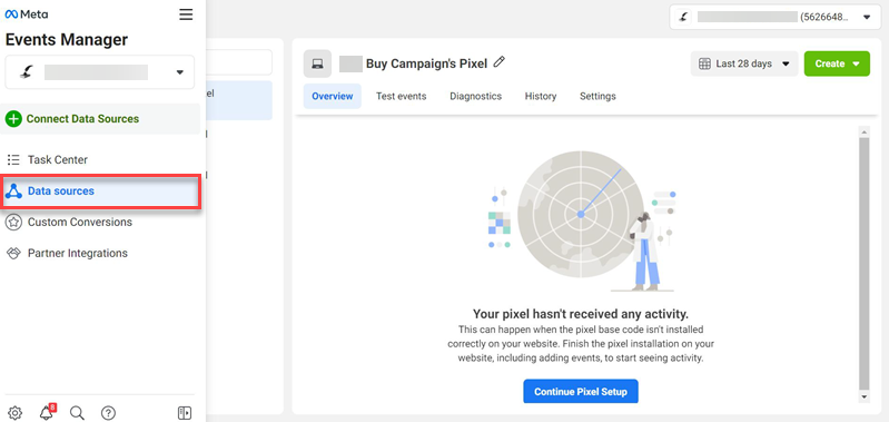 Selecting data sources in the Events Manager menu