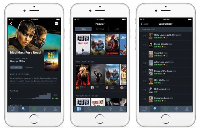 Three screenshots of the Letterboxd App (the movie detail page, the popular film feed, and a user's watch history)