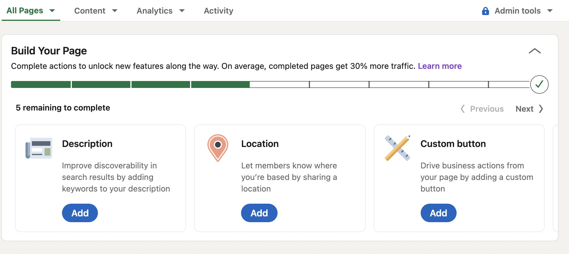 LinkedIn profile completion meter showing incomplete profile tasks