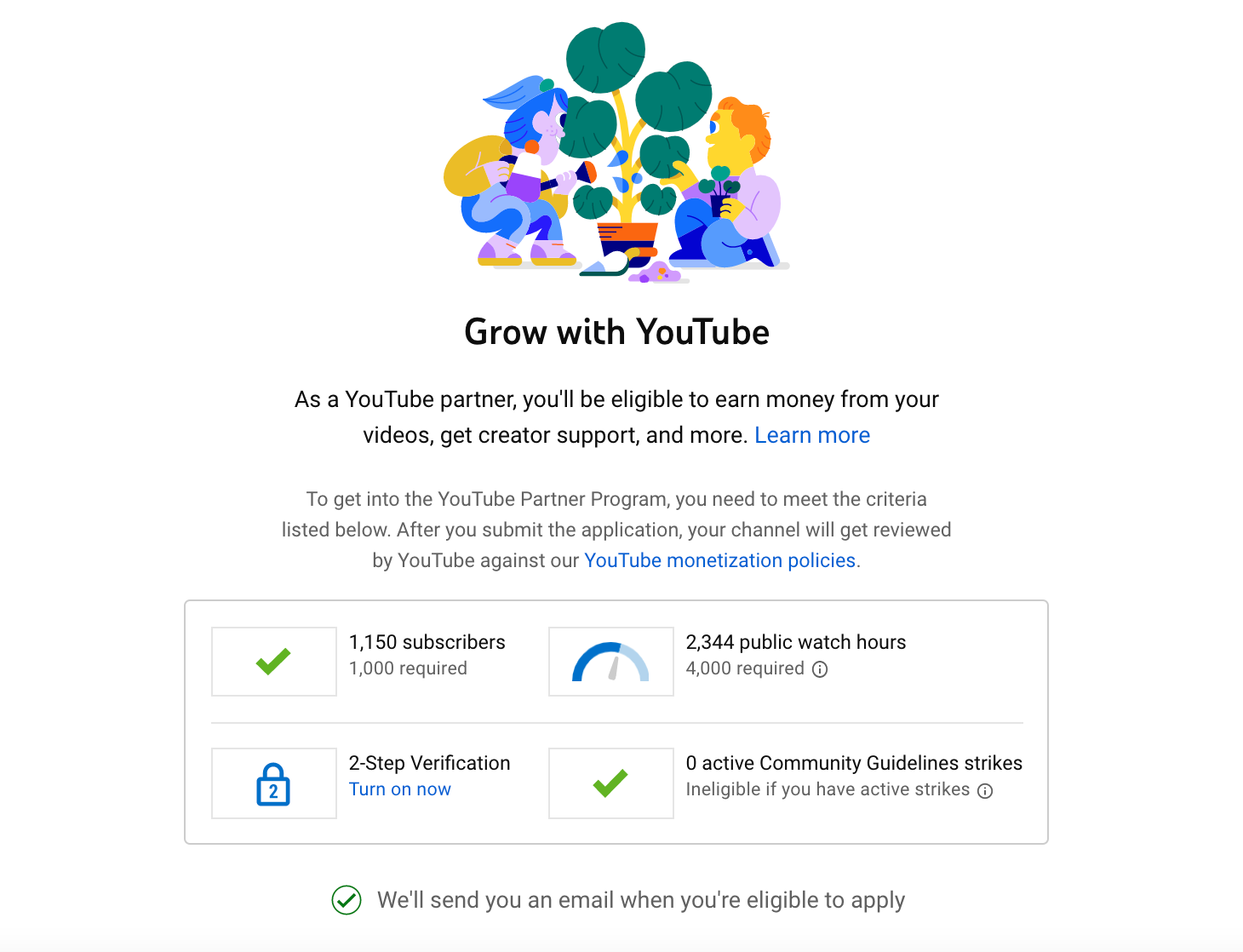 Screenshot example of a YouTube Partner Program qualification checklist.