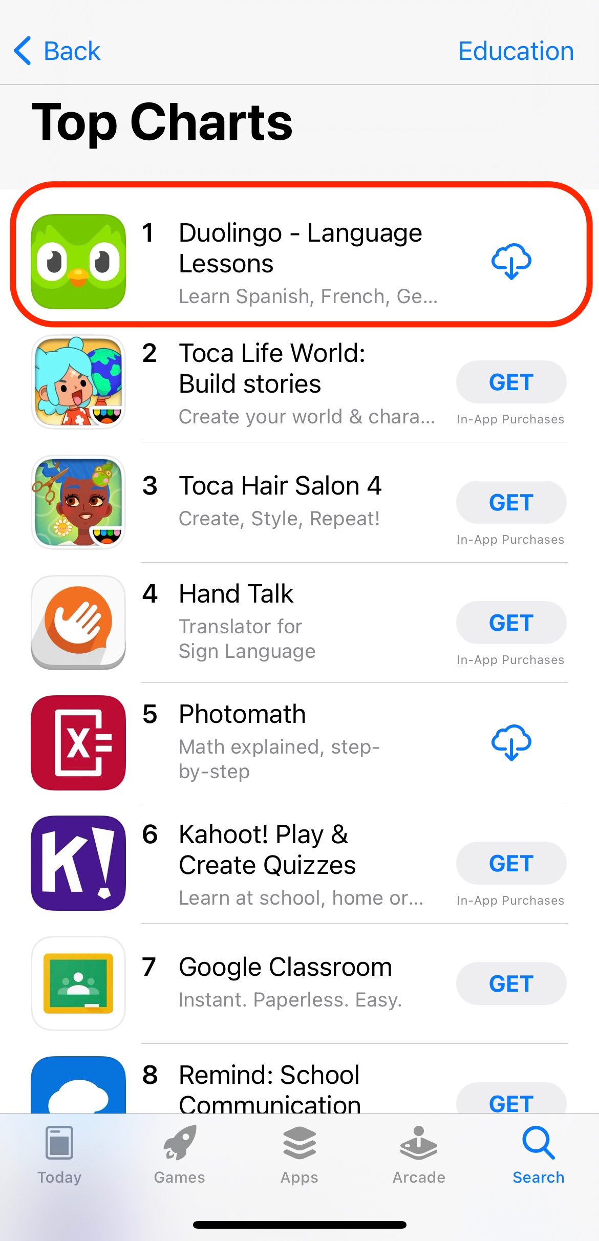 Screenshot of the top education apps in the Apple App Store, with Duolingo in the #1 spot.