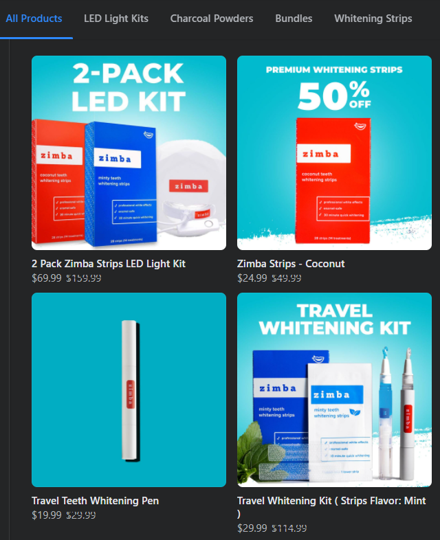 Screenshot of Zimba's Facebook Shop featuring teeth whitening products