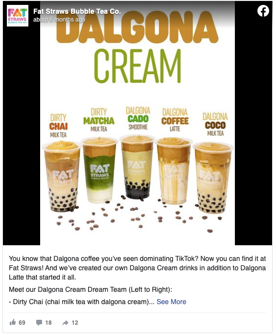 Fat Straws' post on new drinks inspired by the dalgona coffee trend