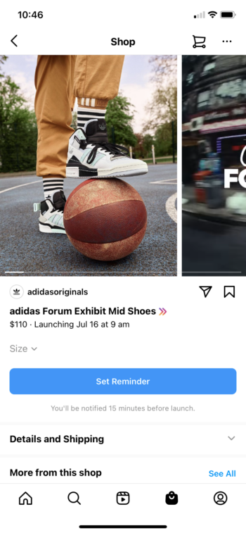 An Instagram Drops product page showing an upcoming shoe release from Adidas