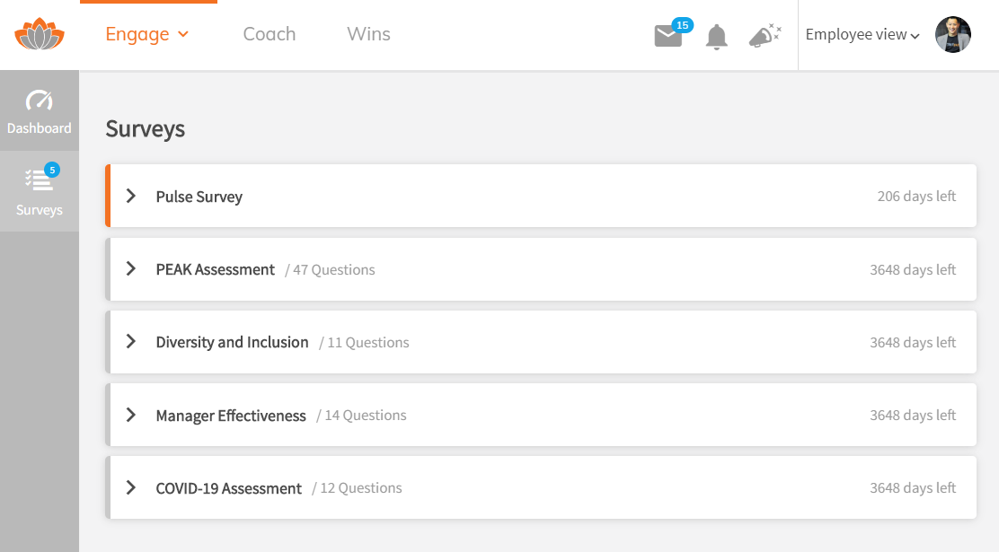 View of the TINYpulse survey platform dashboard; it shows several different surveys, the number of questions in each and the days left until expiry.