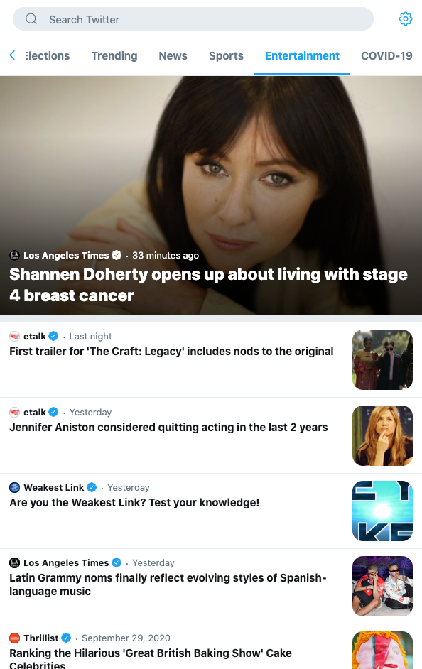 Twitter Explore page shows which topics are trending in your region.