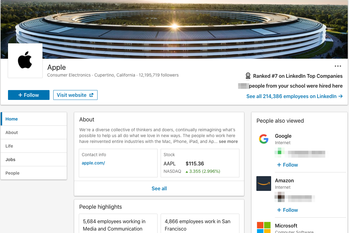 Apple's LinkedIn Company Profile Page