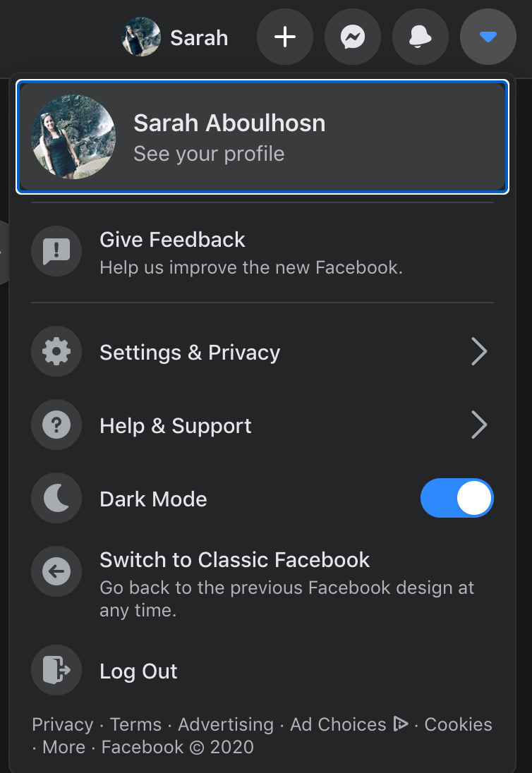 Screenshot of Facebook's Dark Mode setting.