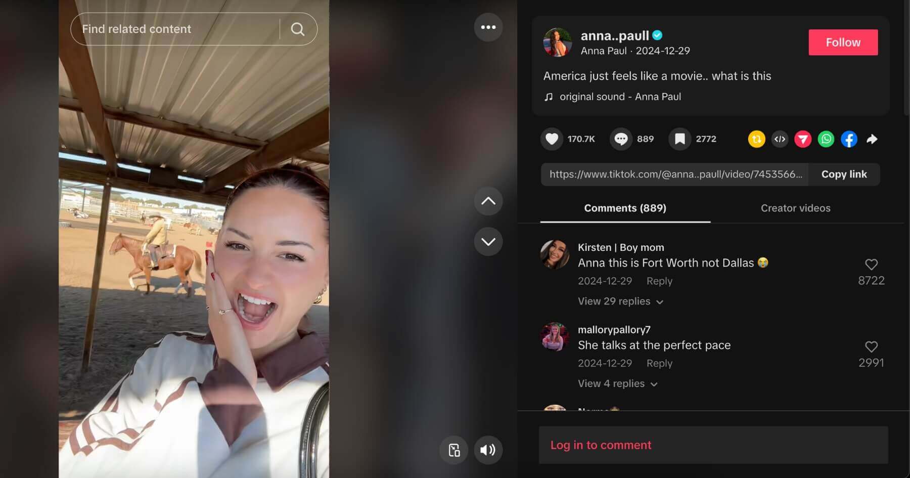Anna Paul TikTok screenshot vlogging her adventures in Texas
