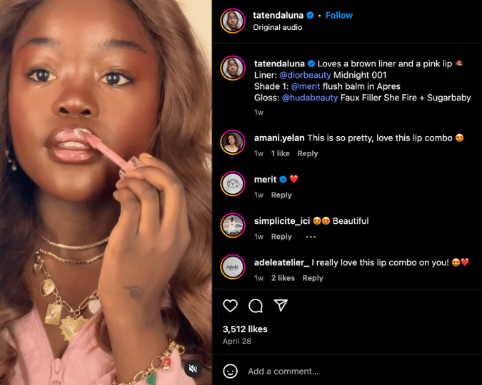 Tatenda Luna shows off a brown and pink lip combination on Instagram Reels